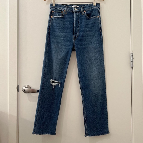 RE/DONE 70s Ultra High Rise Stove Pipe Jeans, Size 29, in Vintage Indigo Destroy - Picture 6 of 16